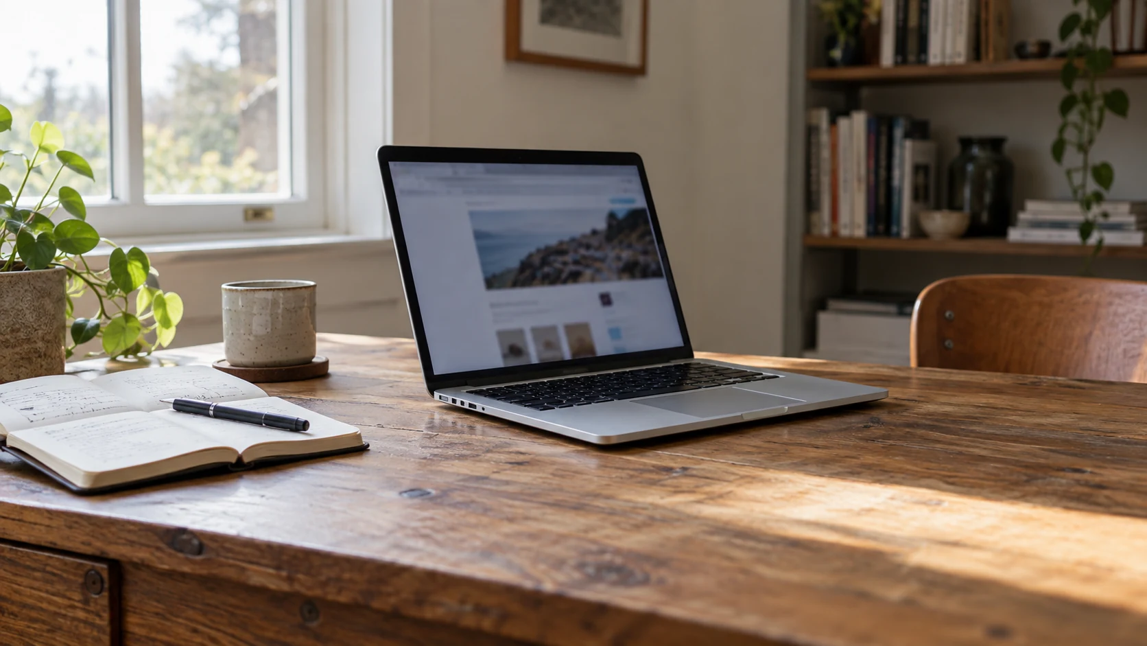 Laptop and notebook on a wooden desk in natural window light